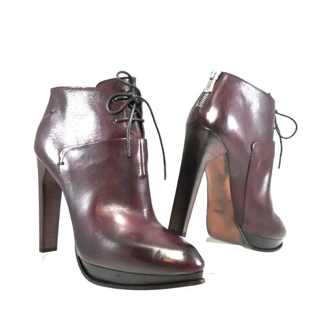 NIB$995 CoSTUME NATIONAL LACED LEATHER ANKLE BOOTS PLATFORM HEELS 39 9